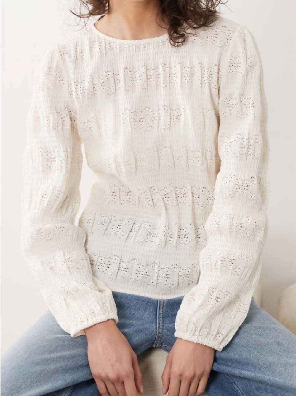 Women's Cream Eyelet Textured Long-Sleeve Pullover